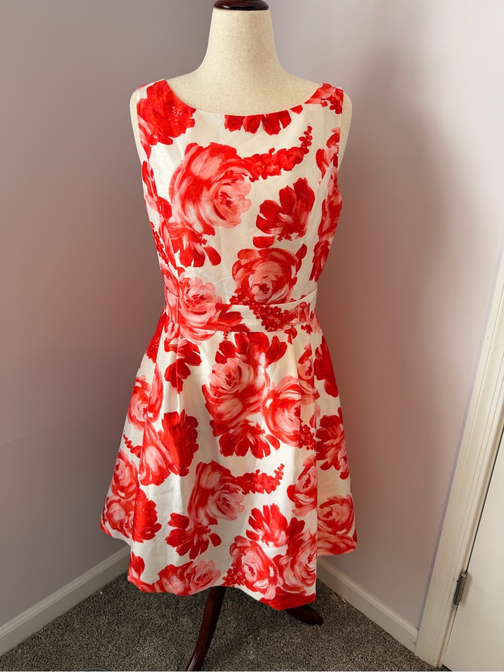 Jessica H Floral Fit & Flare Dress Size 16 Red White Sleeveless Belted Dress